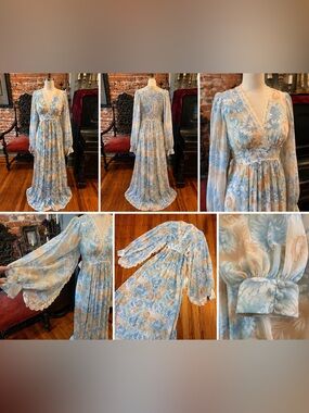 Gunne Sax Pale Blue and Cream Floral Maxi Dress